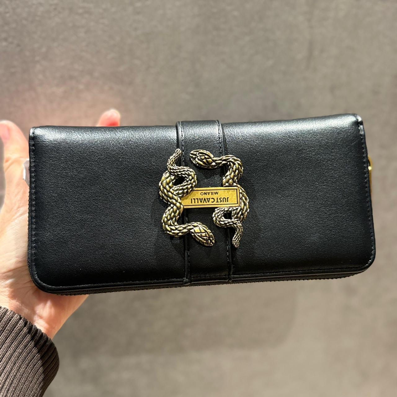 Just Cavalli Black leather Gold snake print wallet purse