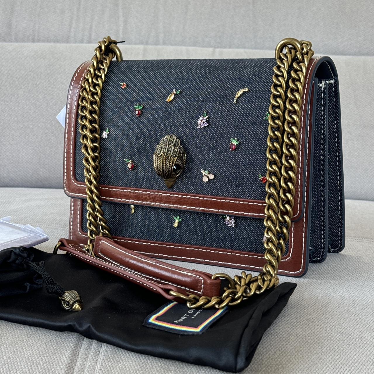 Kurt Geiger London Shoreditch Denim Crossbody Briwn Friuts Crystals Bag