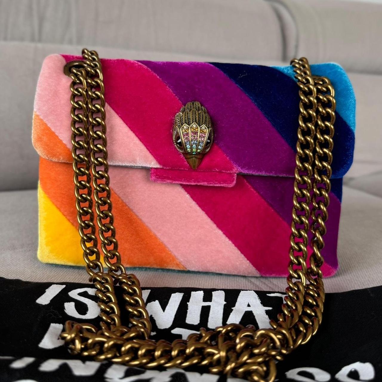 Kurt Geiger Rainbow Multi-coloured velvet shoulder bag with gold chain strap RRP £189