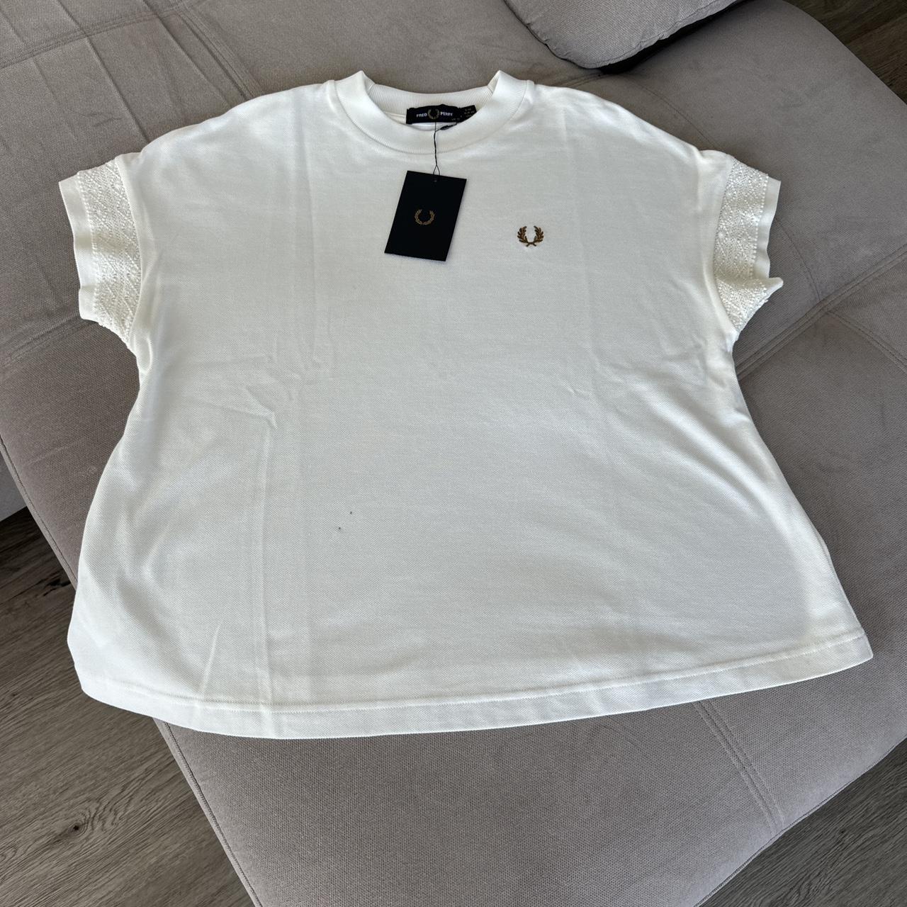 Fred Perry white polo shirt with lace trim on sleeves, size 40 uk 12