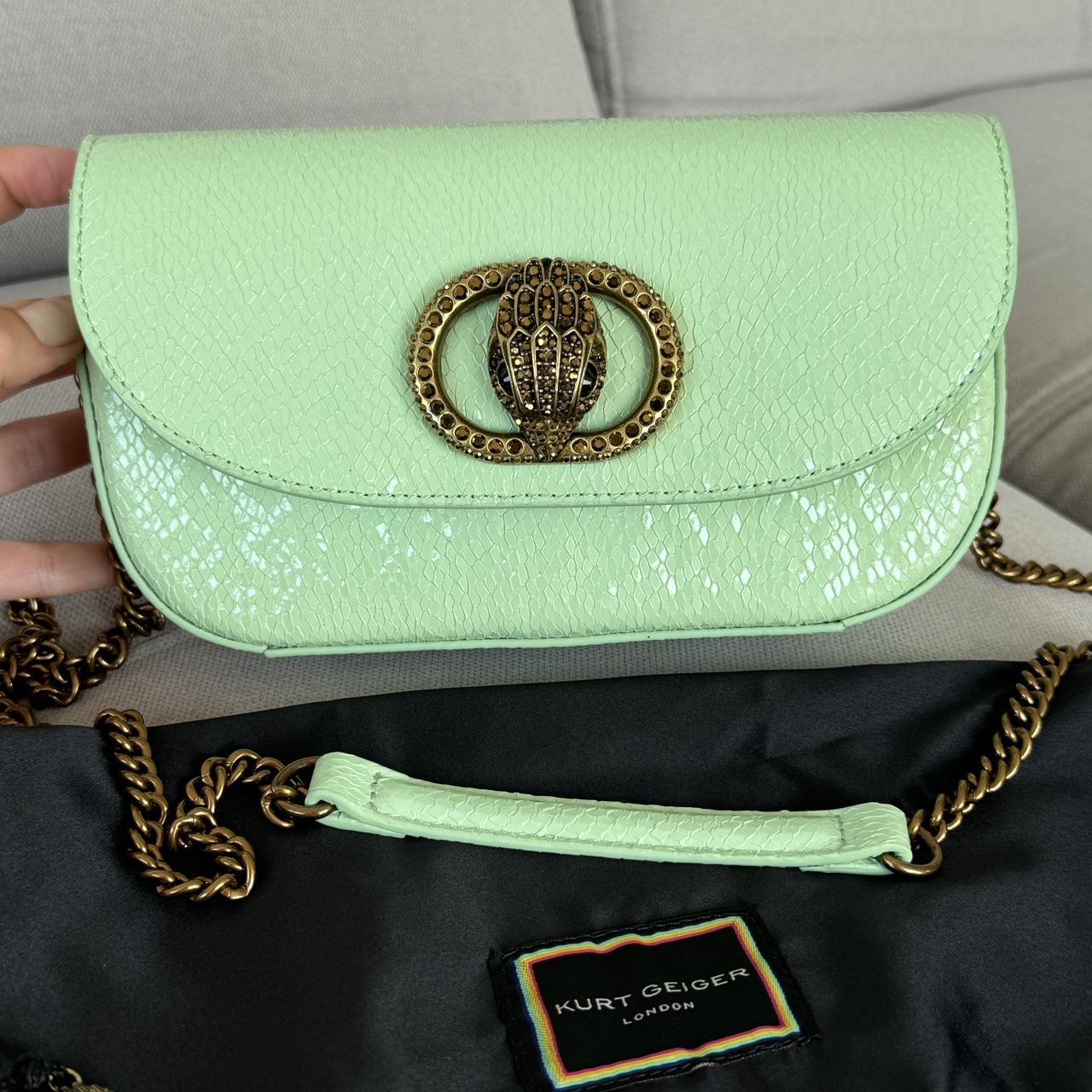 Kurt Geiger London Chelsea Munt green snakeskin crossbody bag with gold chain strap #luxury #designer